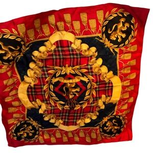 Express Vintage 90s HOLIDAY red gold crest Stewart plaid tartan 100% SILK scarf